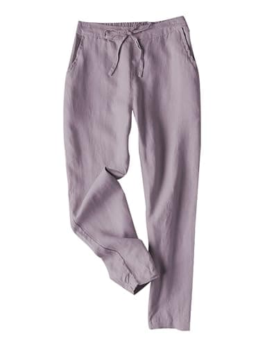 Tanming Linen Pants for Women Summer Casual High Waisted Drawstring White Beach Pant(Purple-M)
