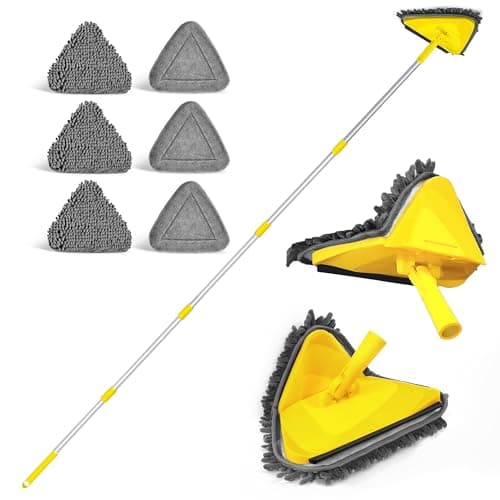 JEHONN Wall Mop with Long Handle 80 Inches Upgraded 180 Collapsible Baseboard Cleaner Tool with Squeegee Ceiling Duster with 3 Microfiber and 3 Chenille Pads for Cleaning Window Cabinet Yellow