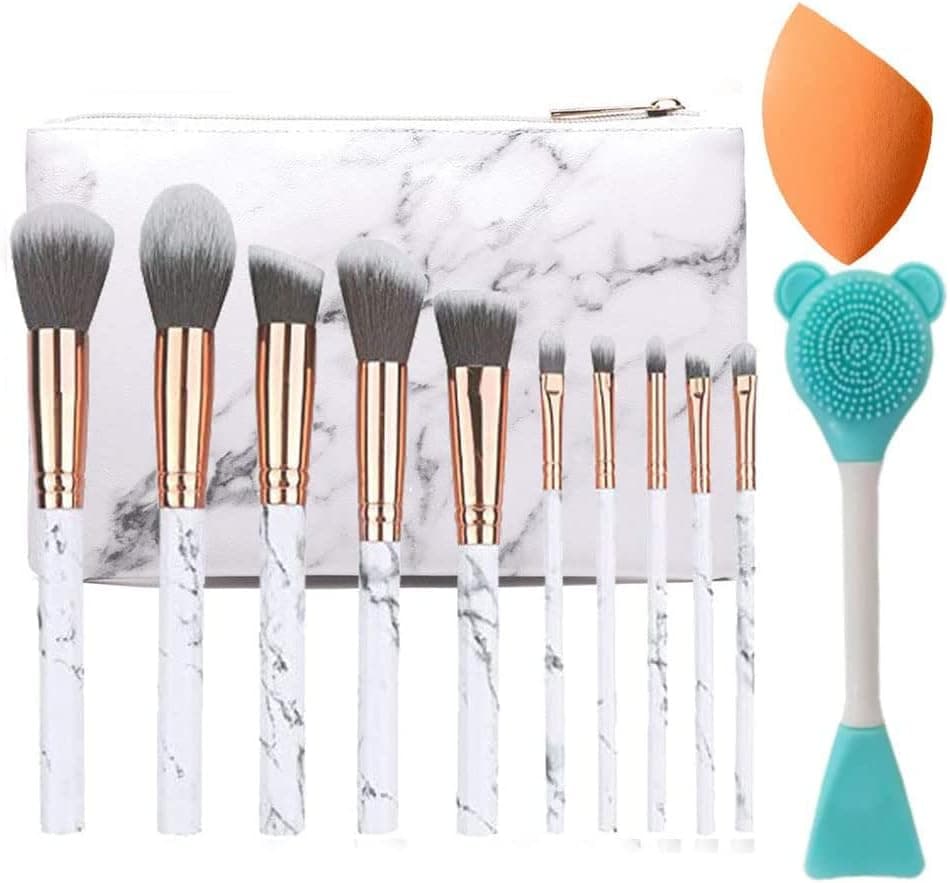 Marble White Makeup Brushes 12Pcs Make Up Brushes for Women TravelFriendly Makeup Bag Brushes Sponges Beauty Blenders Synthetic Eyeshadow Contour Makeup Gift for Teenage Girls Kids
