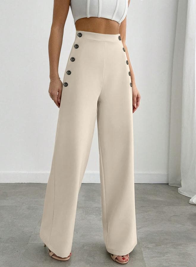 Off White Straight Leg Trousers with Button Detail