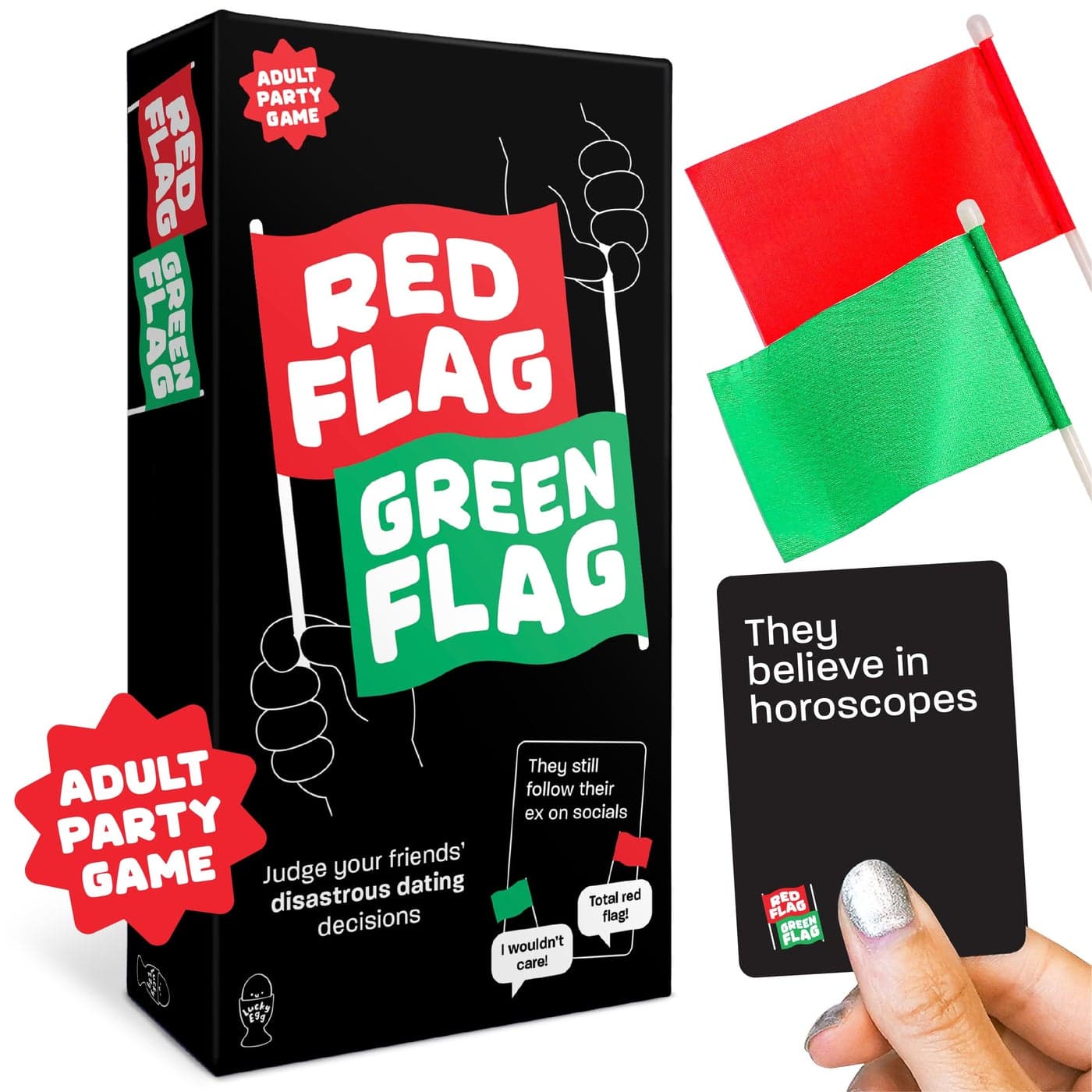 Lucky Egg - Fun Red Flag Green Flag Party Game - to Judge Your Friends Dating Decisions - 230 Diverse Questions - Board Game for Adults, Adult Party Games, Games for Grown Ups, Funny Adult Games