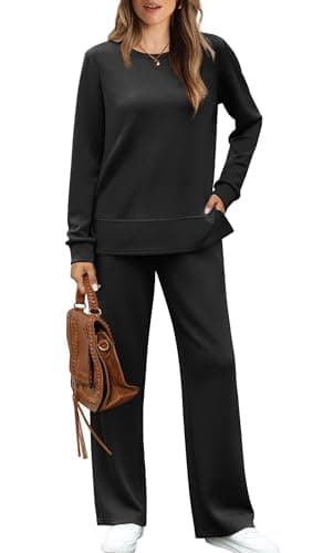 WIHOLL Two Piece Outfits for Women Casual Early Fall Fashion Trendy Travel Airport Long Sleeve Wide Leg Tracksuit 2 Pc Lounge Sets Women's 2025 School Teachers Winter Loungewear Clothes Tops Black L