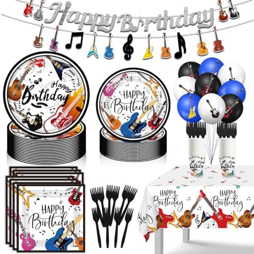 XHCYGWY Music Theme Party Decorations 110pcs Guitar Birthday Party Decorations Music Happy Birthday Banner BallonsTableware for Rock Baby Supplies White