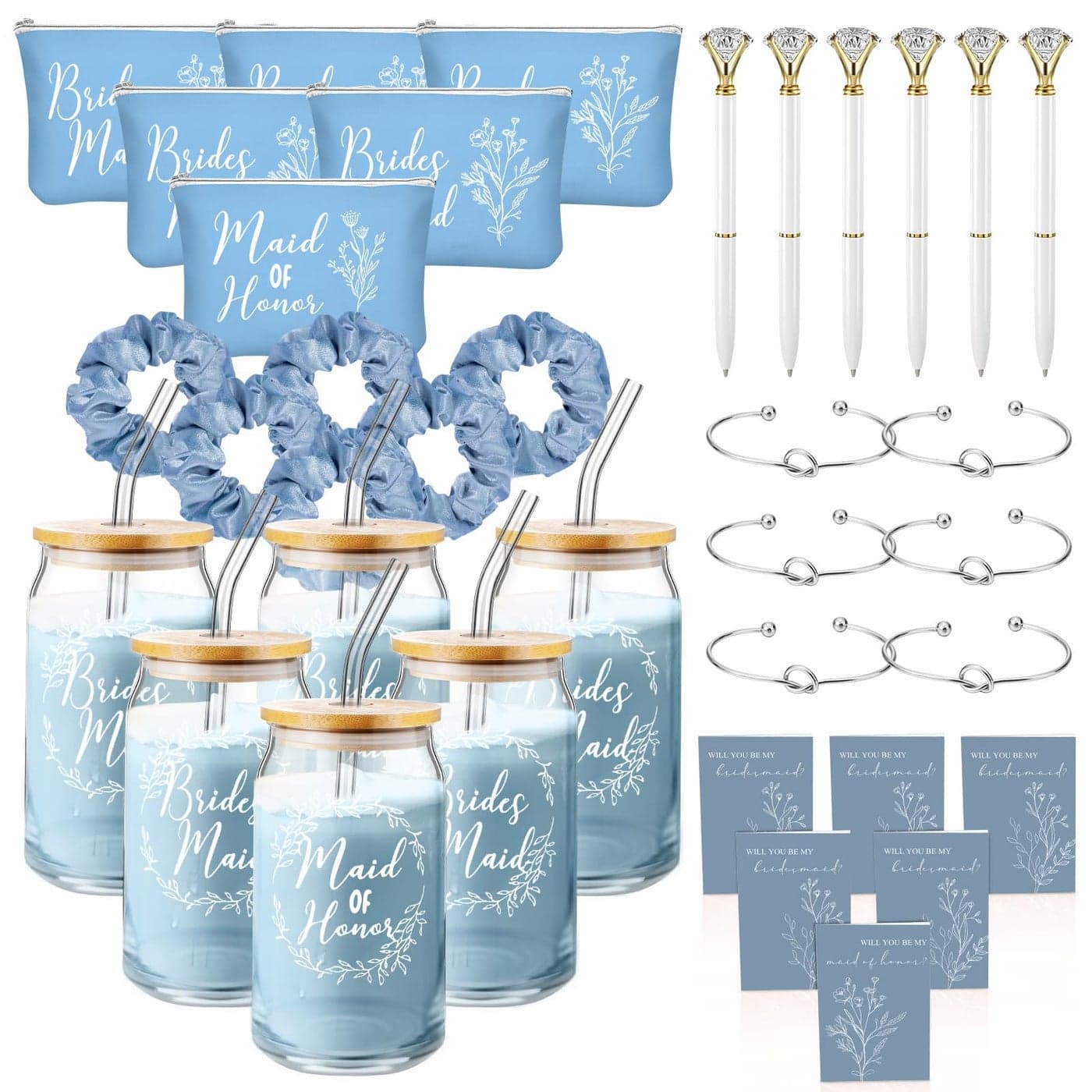 Irenare 36 Pcs Bridesmaid Proposal Gifts Bridal Shower Gifts 16 oz Glass Cup Cosmetic Makeup Bags Invited Cards Scrunchies Hair Knotted Bracelets Diamond Pens Favors for Wedding Blue