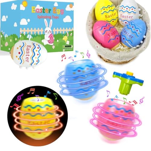 Easter Eggs Basket Stuffers Toys Gifts for Toddler Boys Girls4 Pack Light up Spinning Tops with Music Non Candy Spring Easter Egg Hunt Party Favor Supplies Goodie Bag Filler Classroom Prize for Kids