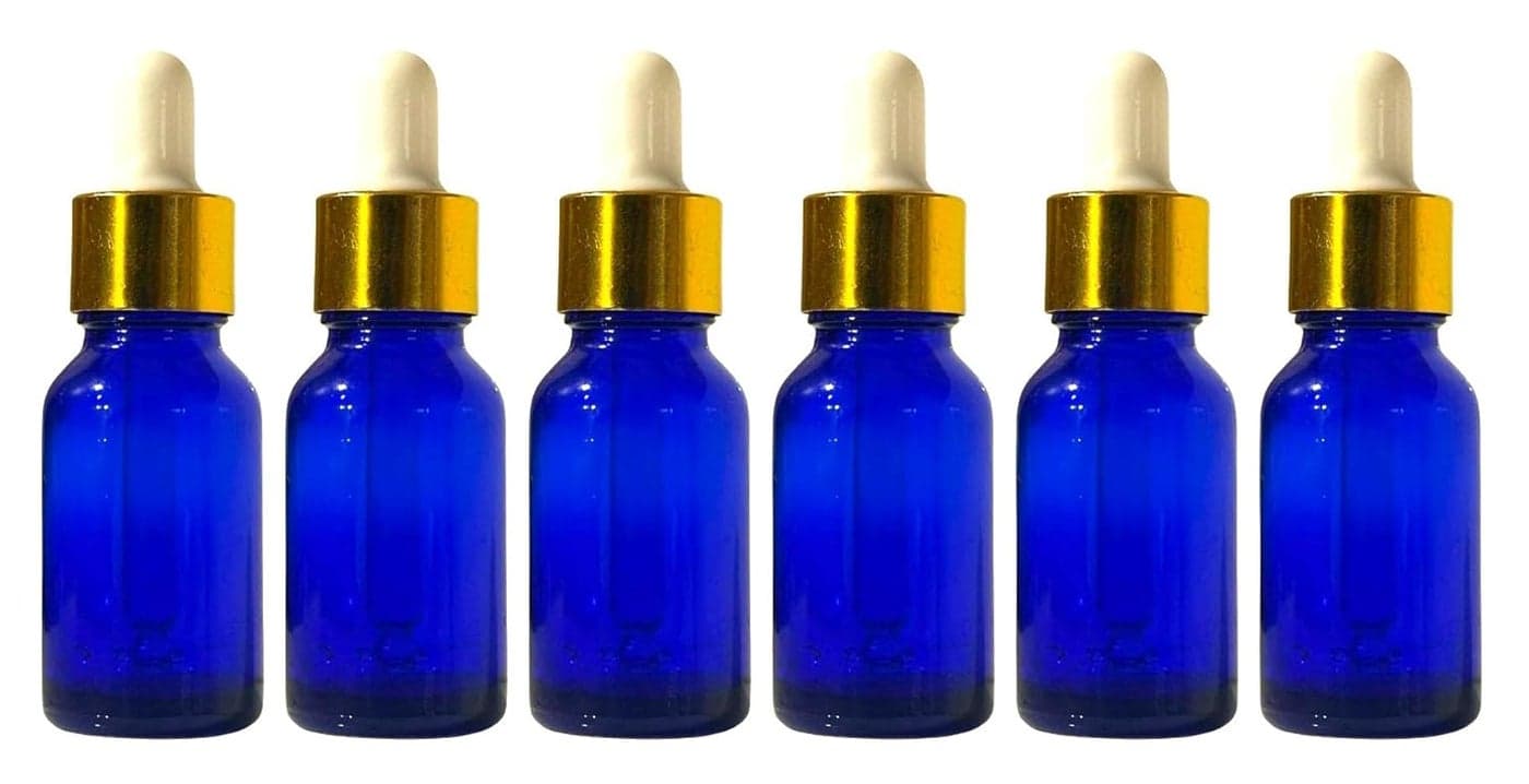 VOW 10 ML Blue Round Empty Glass Bottle Glass Dropper Gold Ring Silicone White Teat Refillable Reusable Leak Proof for Essential Oils PerfumesPack of 6