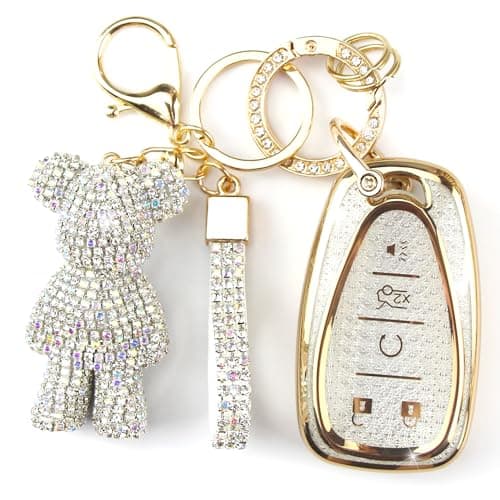 Rayslesan Cute Key Fob Cover with Rhinestone Bear Charm, Bling TPU Smart Key Case for Women, Compatible with Chevy Camaro Cruze Bolt EV Equinox Malibu Sonic Spark Traverse Trax (5-Button, Gold White)
