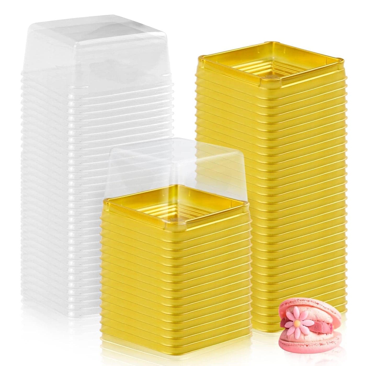 GothaBach 100 Set 3 Mini Cupcake Containers Plastic Square Containers with Lids Cupcake Boxes Muffin Pod Dome Muffin Single Individual Container Box for Wedding Birthday Gifts Supplies Golden