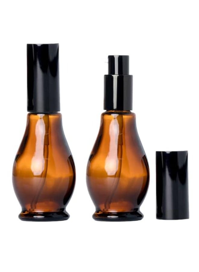 2Pcs Empty Refillable Cucurbit Shaped Amber Glass Lotion Pump Bottles Portable Cosmetic Makeup Cream Lotion Container Vial Jar Dispenser with Black Pump Head and Cap50ml17oz