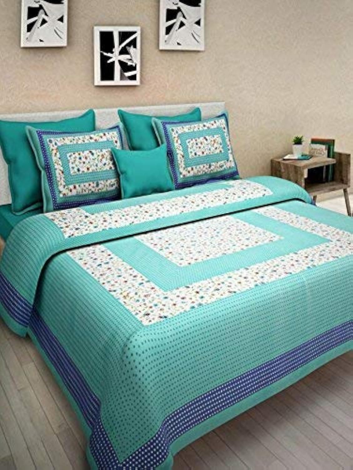 ART WORLD King Size Double Bed Sheet with Pillow Covers Pure Cotton Rajasthani Jaipuri Traditional Printed Bedcover (Sea Green, King)