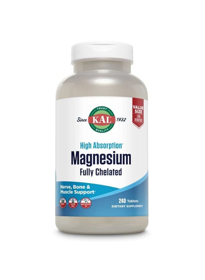 Magnesium Glycinate Tablets, Fully Chelated, High Absorption Formula with Magnesium Bisglycinate Chelate for Nerve, Muscle & Bone Health Support, Vegan, Gluten Free, Value Size, 240 Tablets
