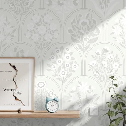 Guvana Boho Peel and Stick Wallpaper Modern Removable Self Adhesive Wall Paper for Bathroom Farmhouse Floral Wallpaper for Bedroom Grey and White Geometric Contact Paper Vinyl Rolls 78.7''x17.3''