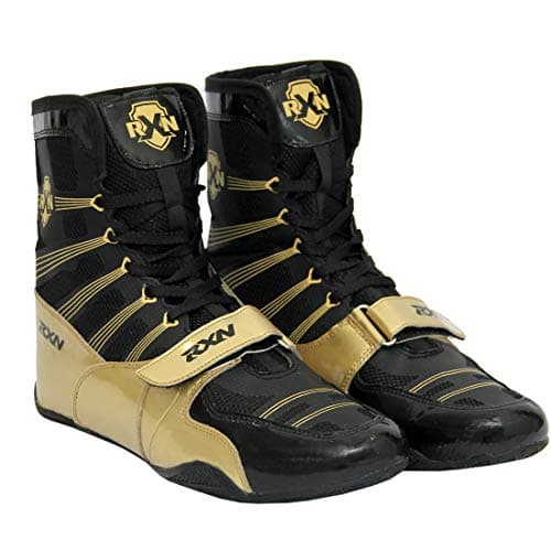 RXN Boxing Shoes for Men and Women Lace Up Non Slip Rubber Sole Lightweight Mid High Top | Knockout High Top Boxing Boots for Men & Women (Black Gold, Size 5)