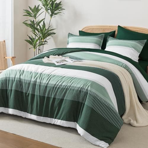 Andency California King Comforter Set Emerald Green - 7 Pieces Striped Lightweight Bed in a Bag, Soft Reversible Bedding Set with Comforter, Fitted & Flat Sheet, Pillowcases & Shams