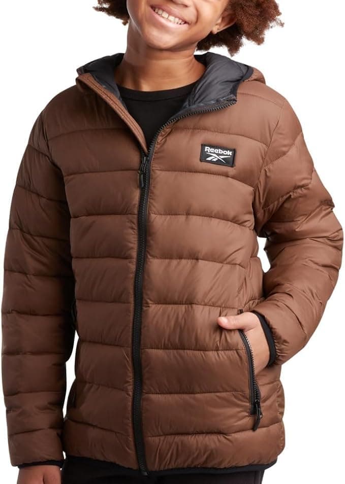 Reebok Boys Winter Coat - Lightweight Insulated Puffer Jacket - Wind & Water Resistant Quilted Hooded Winter Jacket for Boys, Size 6, Timber
