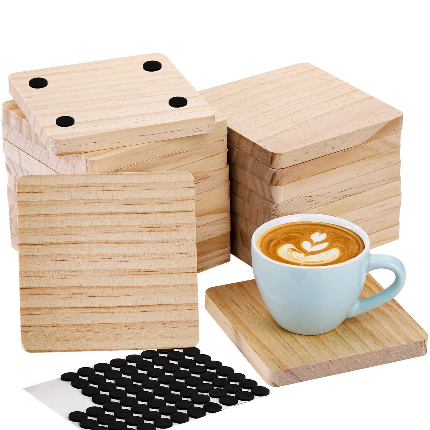 Dicunoy 20PCS Unfinished Wood Coasters Square Blank Wooden Coasters for Crafts 80PCS Foam Knots for DIY Stained Painted Pyrography Arts Craft 4 x 4 in