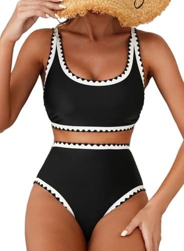 Herseas Women's Black Bikini Sets Shell Stitch 2 Piece Swimsuits High Waisted Scoop Bathing Suits Padded Resort Cruise Outfits Large