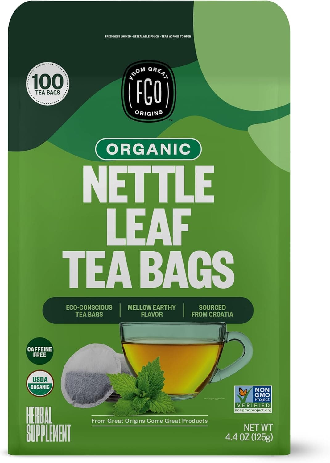 FGO Organic Nettle Leaf Tea Bags - 100 Count Eco-Conscious Kraft Bag from Croatia