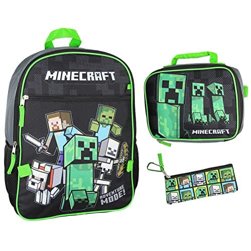 Bioworld Minecraft Backpack Set with Detachable Lunch Box 16" 4 Piece Set