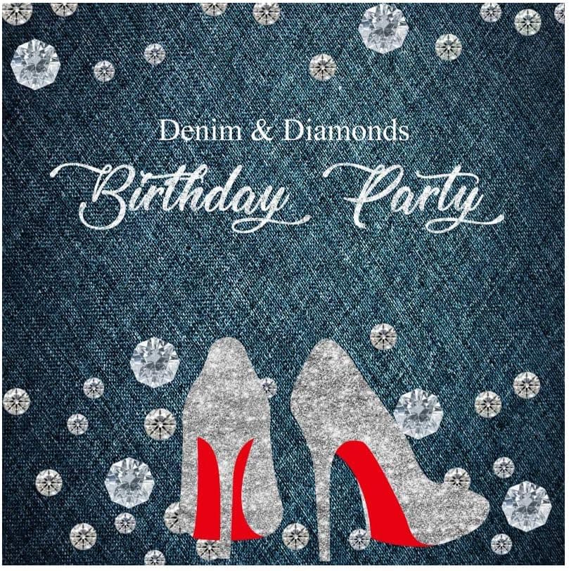 Laeacco 8x8ft Denim and Diamonds Birthday Backdrop Happy Birthday Elegant Crystal Red Heel Bday Decor Jeans Slant Cloth Texture Background for Photo Portraits Woman Birthday Party Banner Wallpaper