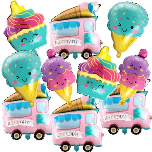 Sonwyoung 10 Pcs Ice Cream Balloons Ice Cream Party Decorations Cupcake Large Truck Cone Foil Balloon for Summer Hawaii Luau Birthday Baby Shower Party Supplies
