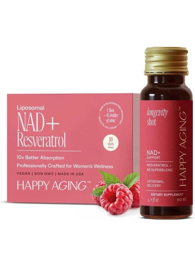 Liposomal Liquid Shots with NAD+ | Alternative to NMN | Nicotinamide Riboside and Resveratrol | Antioxidant for Energy, Brain Health and Firm Skin | 10x Absorption | Box of 10 Shots of 50ml