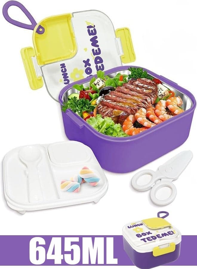 Bento Lunch Box for Toddlers 645ml Food Grade Plastic Bento Box with Spoon Food Lunch Box Containers for Kids BPA-Free Leak-Proof Dishwasher/Microwave Safe (Purple 645ML)