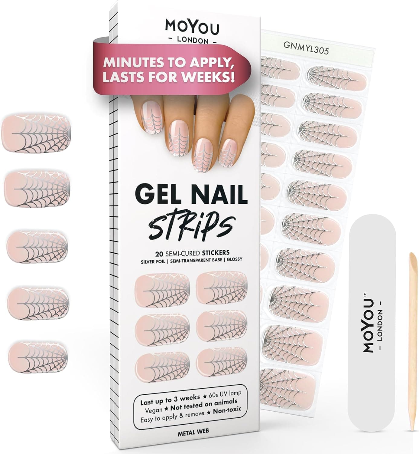MOYOU LONDON Semi Cured Gel Nail Strips Halloween 20 Pcs Waterproof Gel Nail Wraps Cures in Sunlight or UVLED Lamp Lasts Up to 2 Weeks Stretchable Easy to Apply Remove Vegan CrueltyFree