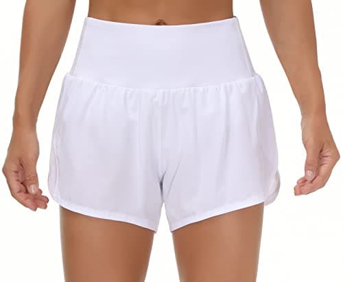 Origiwish Women's High Waisted Running Shorts with Liner Quick Dry Athletic Workout Shorts Zipper Pockets White