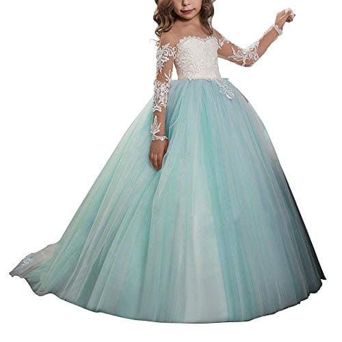 Abaowedding Lace Embroidery Sheer Long Sleeves Kids Trailing Gowns (Aqua, 10)