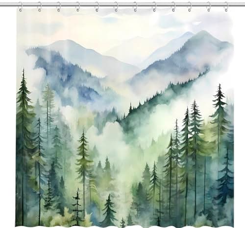 Coveted Goods Mountain Forest Shower Curtain 72” x 72”, Waterproof Polyester, Misty Pine Tree Landscape, Includes Grommets and Hooks, Machine Washable Nature-Inspired Bathroom Decor