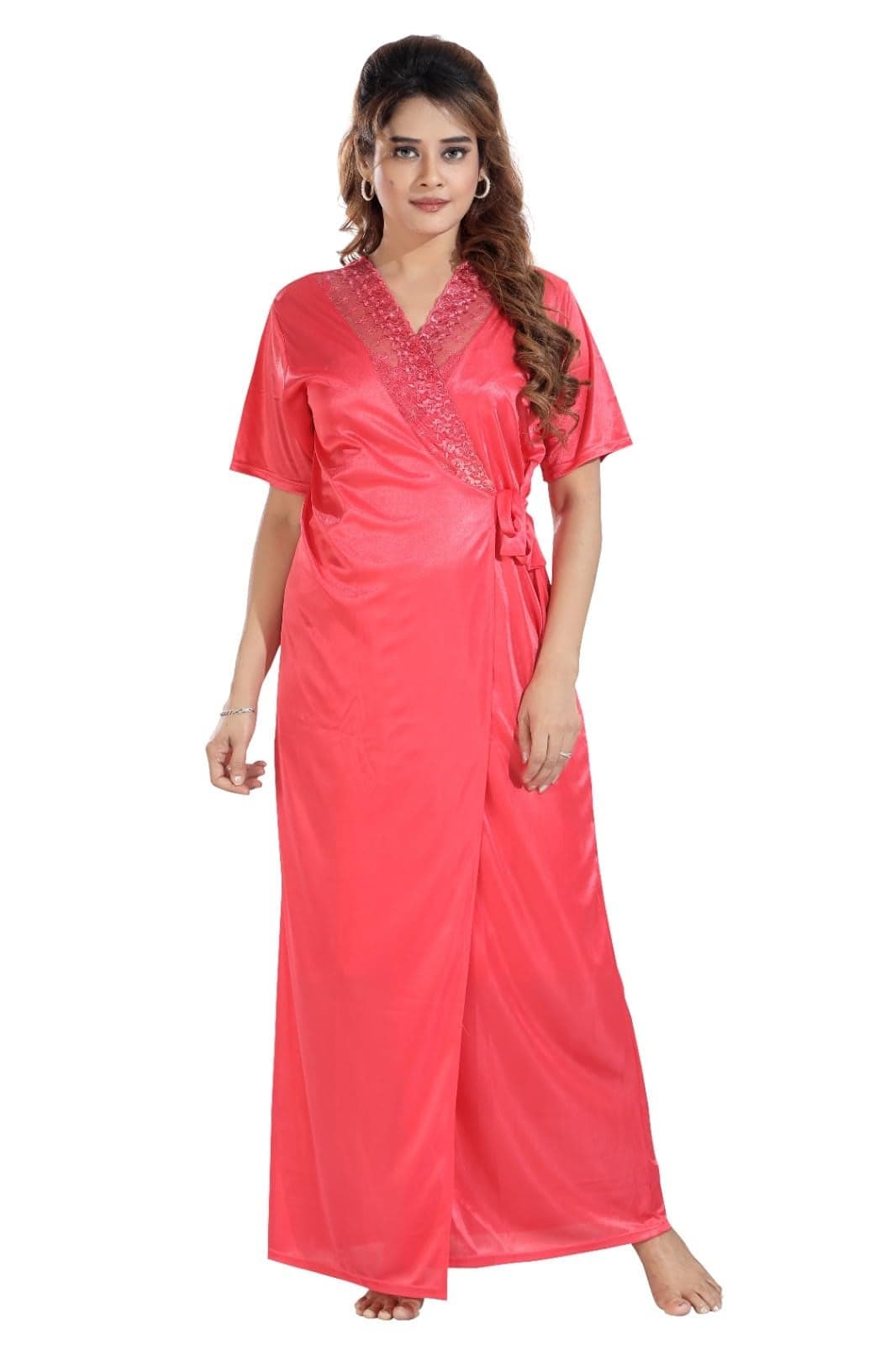 Gutthi Women's Satin Solid Maxi Nighty (Pack of 2) (Peach)