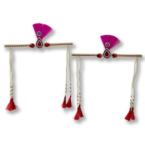 HALDI MEHENDI SHAADI Handcrafted adjustable Bashing Basikam Mundavalya with decorative beads pink feather for Bride Groom in Marathi Tamil Telugu & South Indian wedding (Pack of 2)