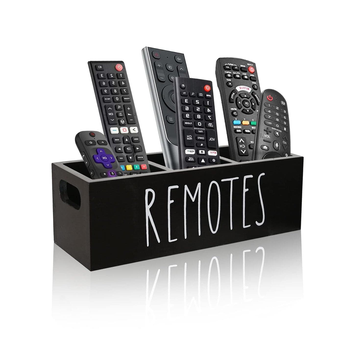 Remote Control Holder Farmhouse Remote Storage Caddy Bedside TV Controller Box Rustic Wood Media Organizer Tray for Home Bedroom Table Black