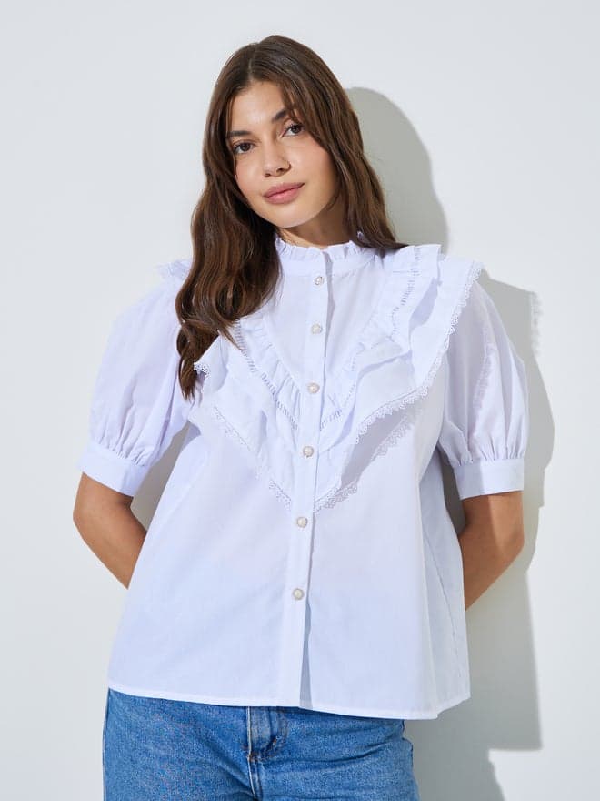 Styli White Ruffled Lace Trim Blouse — S