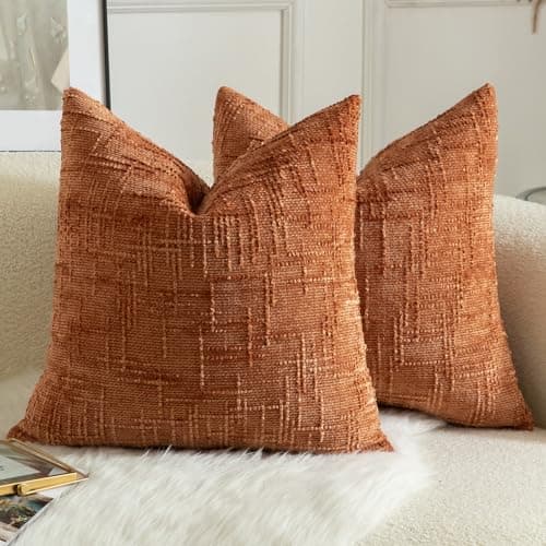 MANDIOO Pack of 2 Soft Chenille Textured Throw Pillow Covers Square Accent Solid Decorative Cushion Cover Cozy Farmhouse Pillow Case for Couch Sofa Bed Living Room 16x16 Inch Burnt Brick