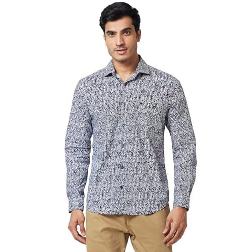 Park Avenue Men's Slim Fit Cotton Semicutaway Collar Print Pattern Button Closure Full Sleeve Dark Blue Casual Shirt