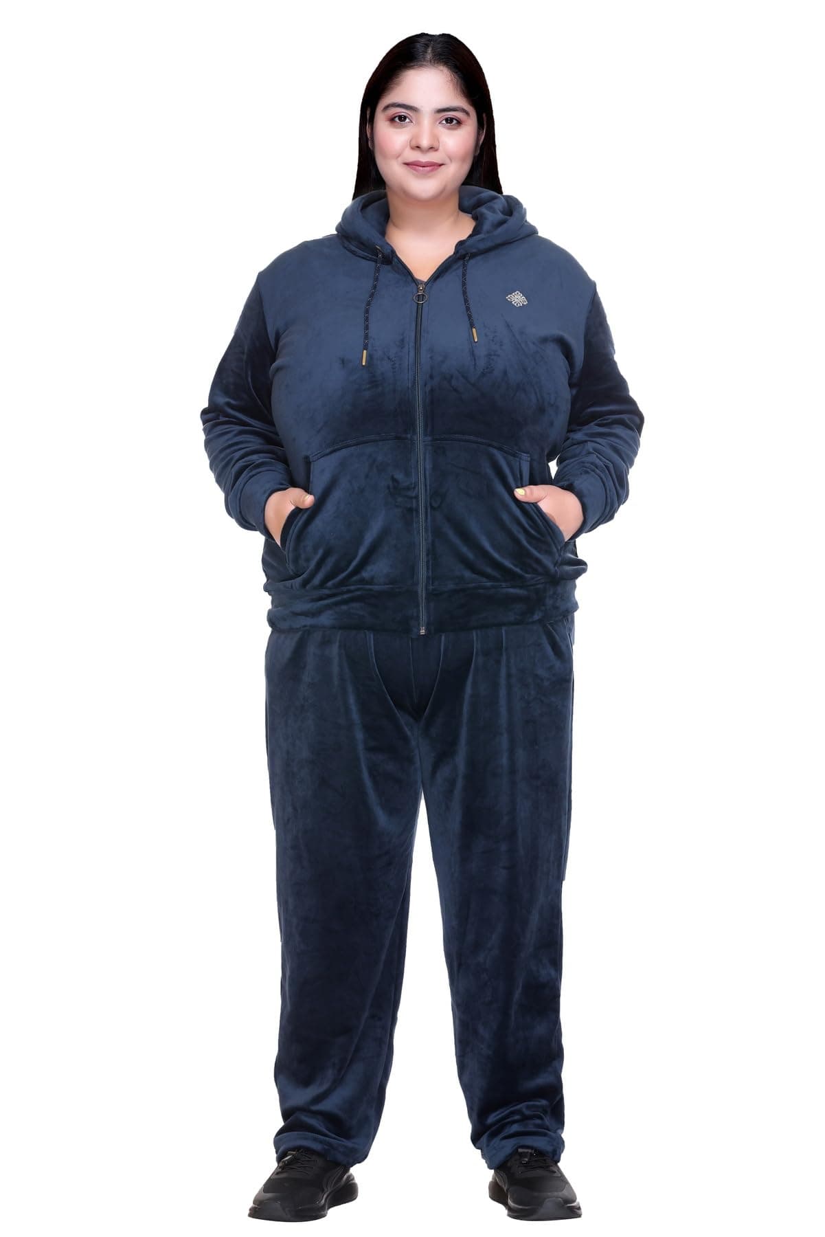 In Love Women's Stylish Zipper Velvet Plus Size Longline Winter Wear Track Suit Night Suit Co-Ord Set