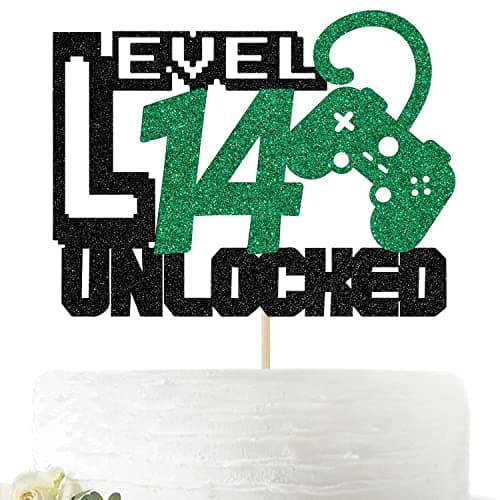 Festiko®Video Game Level 14 Unlocked Cake Topper-14th Birthday Decorations for Boy Gamer-Game on Birthday Party Supplies-Game Theme Party(Black and Green)
