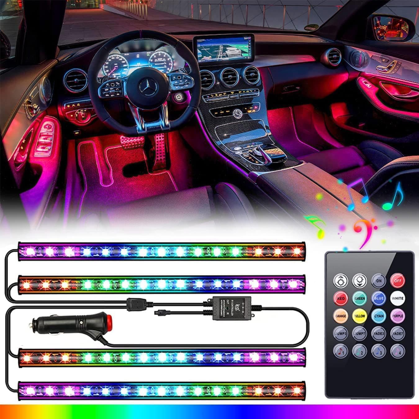 EJ's SUPER CAR Multicolor Music LED Strip Light Kit - 4pcs 36 LED Under Dash Lighting with Remote Control
