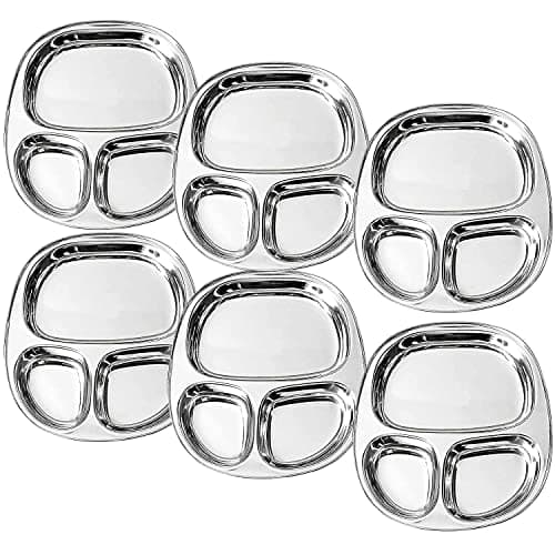 Dynore Stainless Steel 3 in 1 Three Compartment Nasta/Dinner Plate- Set of 6 Large