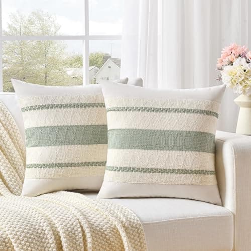 Fancy Homi Set of 2 Sage Green Boho Decorative Throw Pillow Covers 18x18 Inch for Living Room Bedroom Couch Bed Sofa Chair, Rustic Retro Cushion Case 45x45 cm, Bohemian Room Home Decor