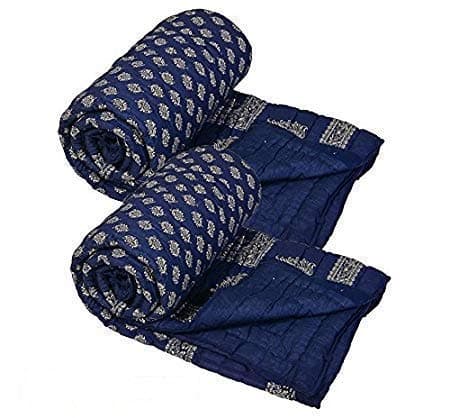 SVT Traditional Famous Jaipuri Beautiful Floral Print in Blue Base Gold Silver Print Jaipuri RajaiRazaiQuilt SingleSingle Bed QuiltComforterAC QuiltAC ComforterSet of 2