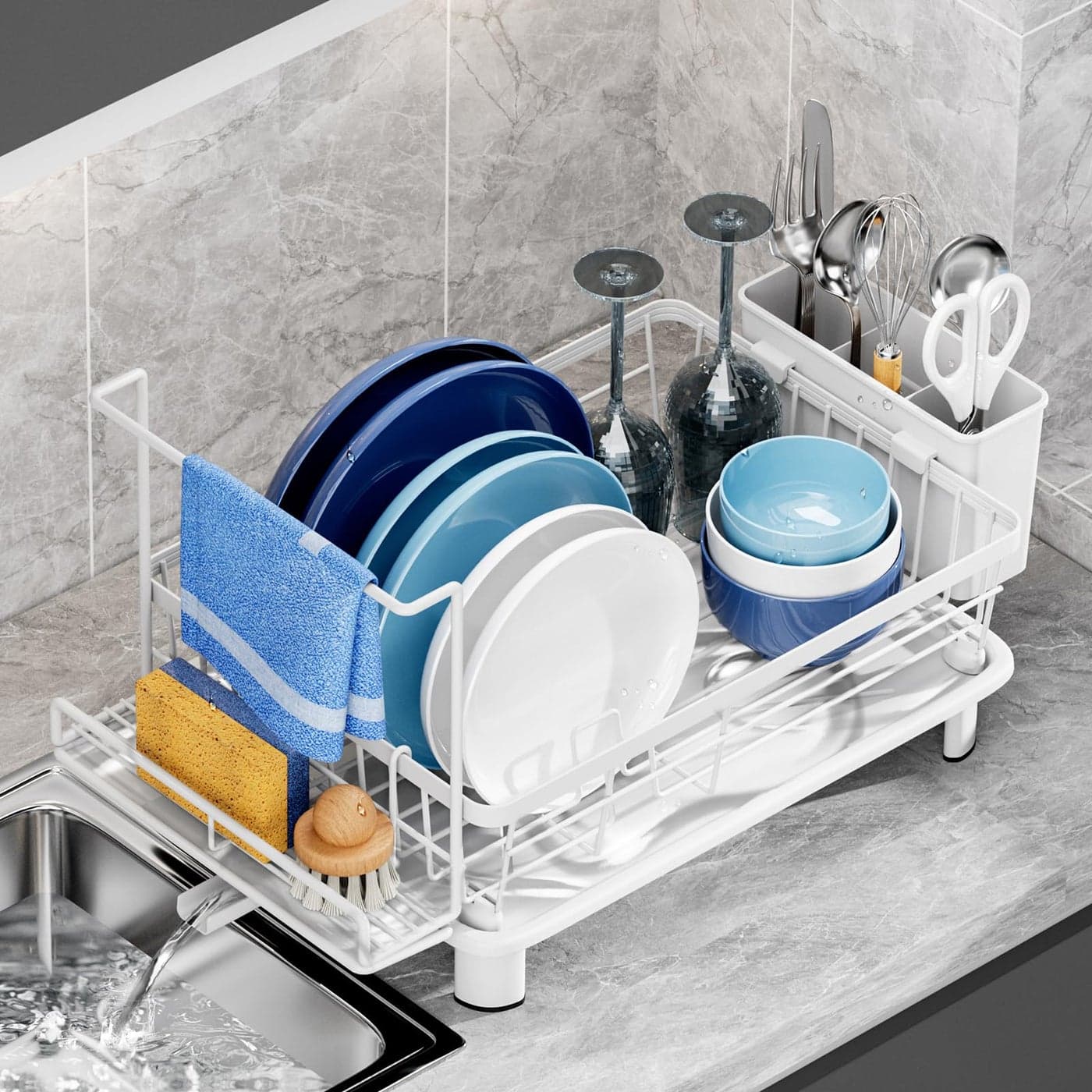 GAOKASE Compact Dish Drying Rack Dish Drainers for Kitchen Counter with Sponge Rack Kitchen Drying Rack with Drainboard Utensil Holder and Automatic Drainage Drainboard White
