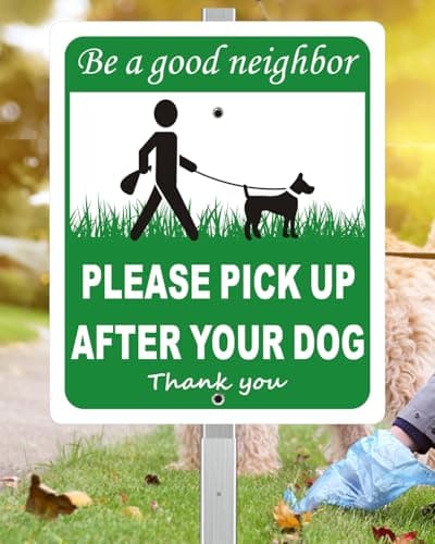 i-CowFun Heavy Duty Aluminum Pick Up After Your Dog Sign, 12" x 10" Metal Please Clean Up After Your Dog Signs With 28" Stake, Be A Good Neighbor Pick Up Your Dogs Poop Yard Sign, Polite, Weather Resistant