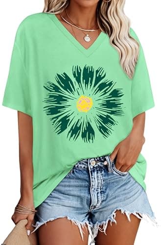 Oversized Tshirts for Women V Neck Short Sleeve Summer Casual Basic Loose Tops,Green Sunflower,XL