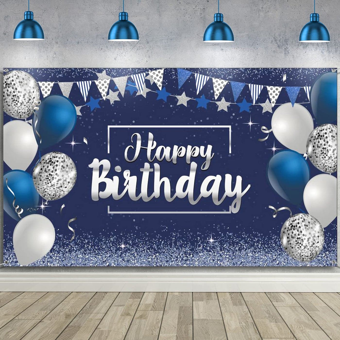 Tatuo Happy Birthday Decorations Backdrop, Glitter Birthday Backdrop Sign, Happy Birthday Banner, Birthday Party Supplies Photo Background for Men Women, 72.8 x 43.3 Inch(Silver and Navy Blue)