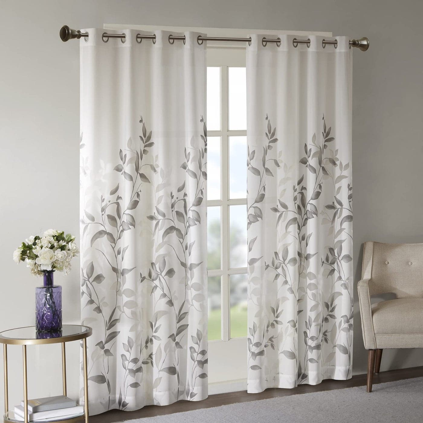 Madison Park Cecily Semi Sheer SINGLE Panel Window Curtain Burnout Botanical Print Easy To Hang Fits up to 125 Diameter Rod 50x84 Leaves Grey Pack of 1