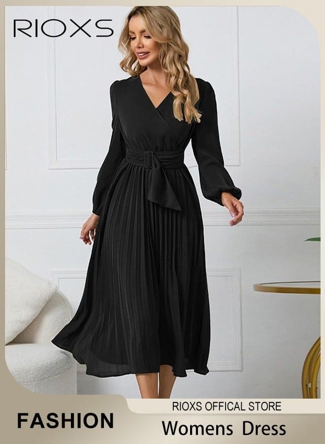 Women's V-Neck Long Sleeve Maxi Dress, A-Line High Waist Wrap Dress with Belt, Flowy Elegant Lantern Sleeve Pleated Long Dress, Spring Fall Long Sleeve Dress for Cocktail, Wedding Guest, Feast, Business, Daily Wear and More, Black