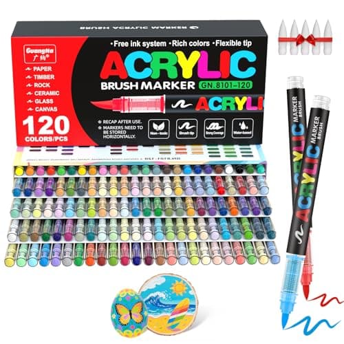 Guangna Acrylic Paint Markers Brush Tip 120 Vivid Colors with DirectLiquid Ink Control System ProfessionalGrade Paint Pen for Rock Painting Canvas Glass Plastic Fabric Creative Crafts